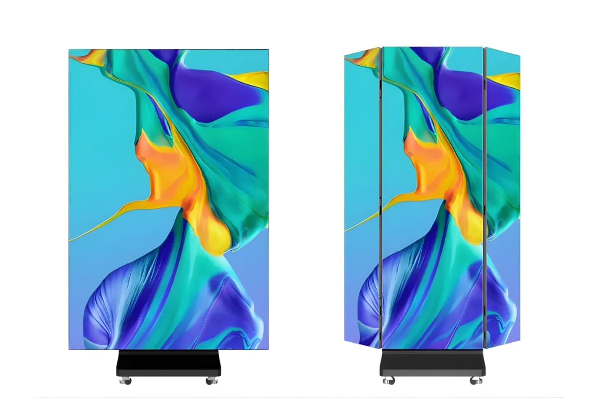 Two LED poster displays on rolling bases, one single panel and one tri-fold
